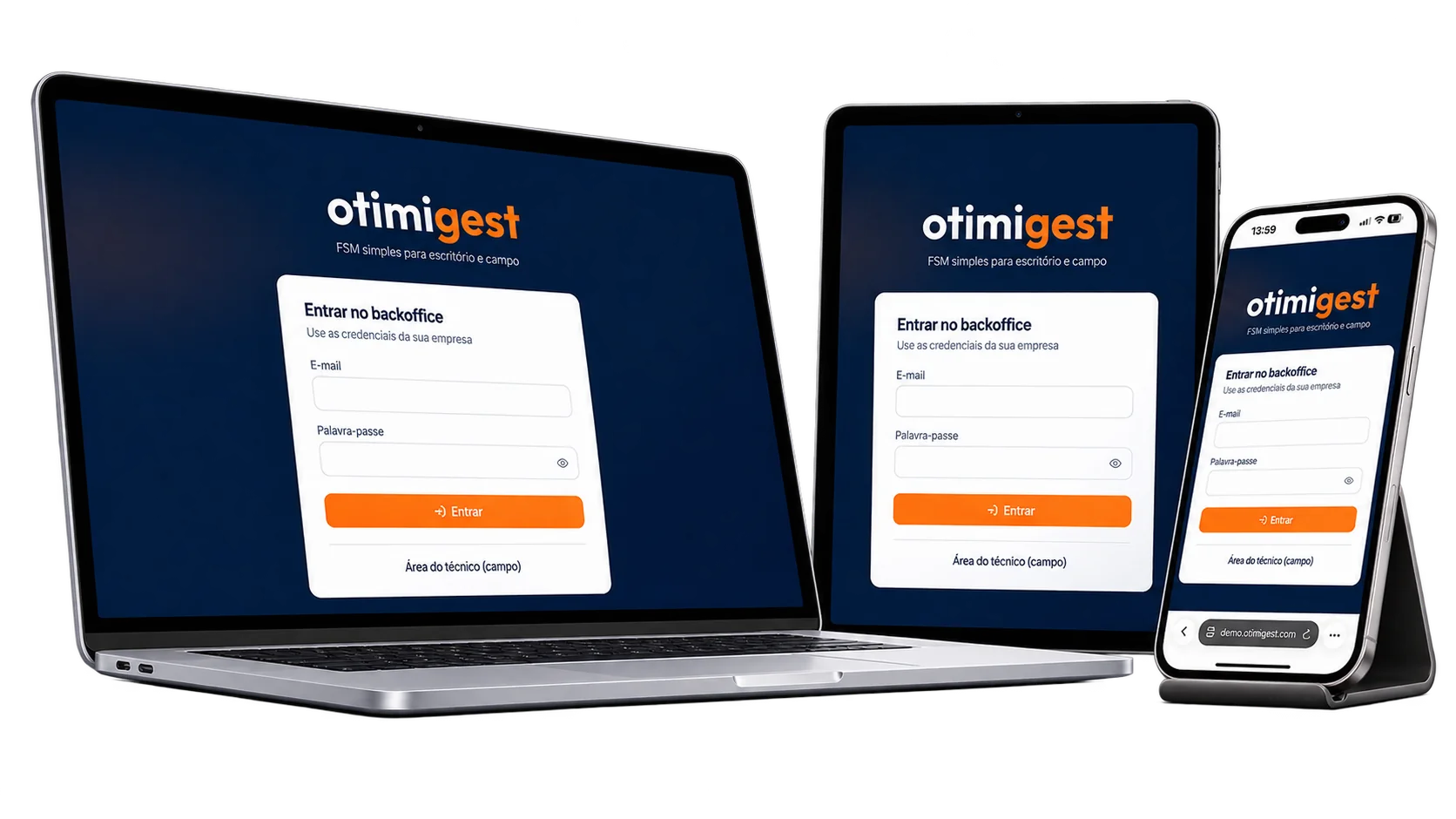 O Otimigest aberto em computador, tablet e telemóvel.
